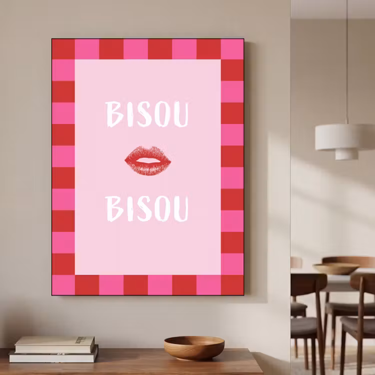 Kiss - Roze - Frans - Valentijn Textielframe zwart klein -sfeer2