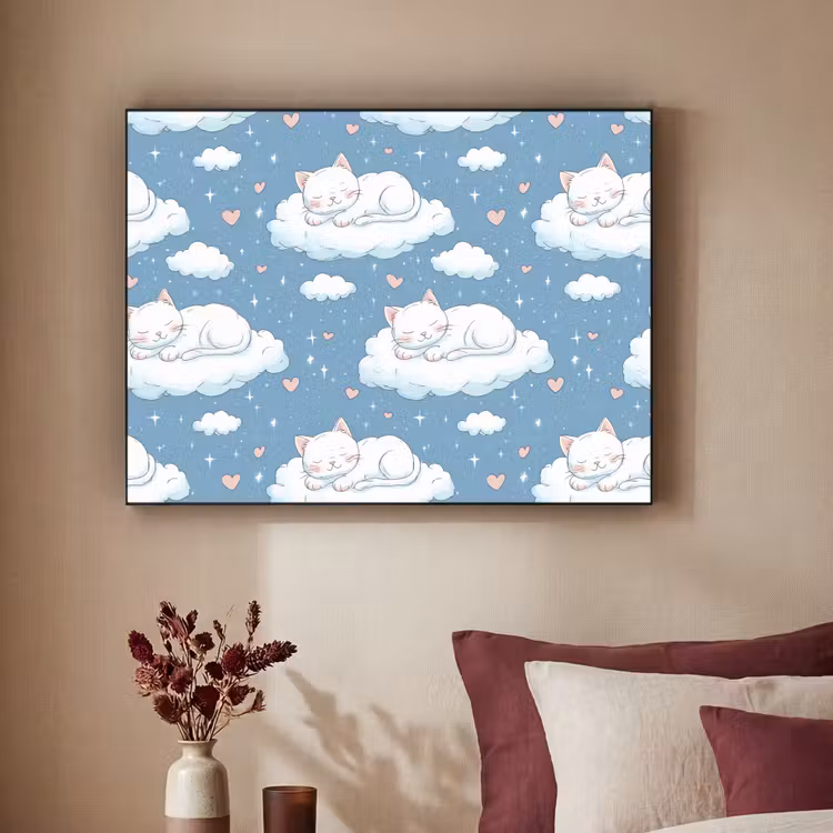 Kitten - Wolken - Blauw Textielframe zwart klein 947 -sfeer1