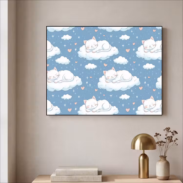 Kitten - Wolken - Blauw Textielframe zwart klein 947 -sfeer2