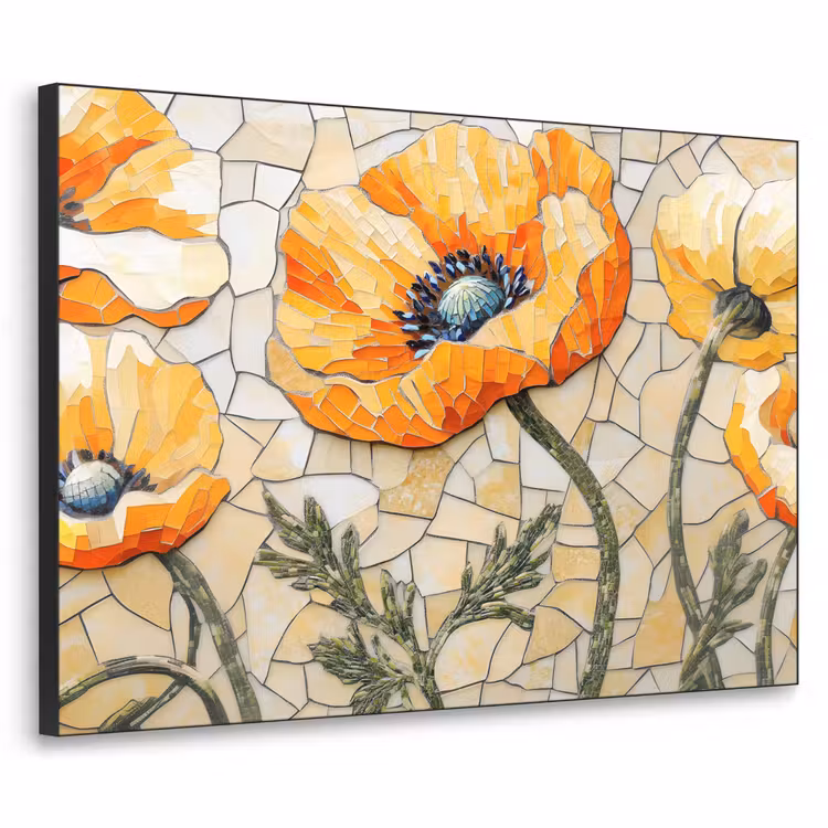 Klaprozen - Oranje - Mozaïek - Bladeren Textielframe - compleet frame klein -3d