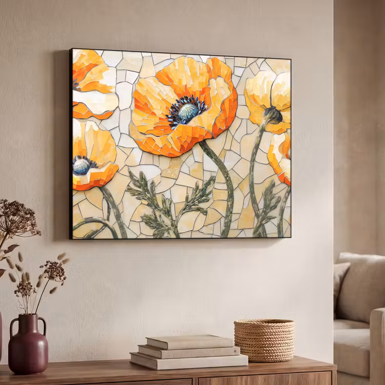 Klaprozen - Oranje - Mozaïek - Bladeren Textielframe - compleet frame klein -sfeer3