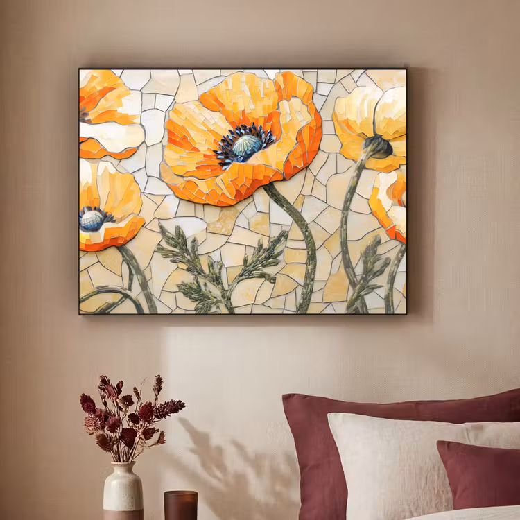 Klaprozen - Oranje - Mozaïek - Bladeren Textielframe zwart klein -sfeer1