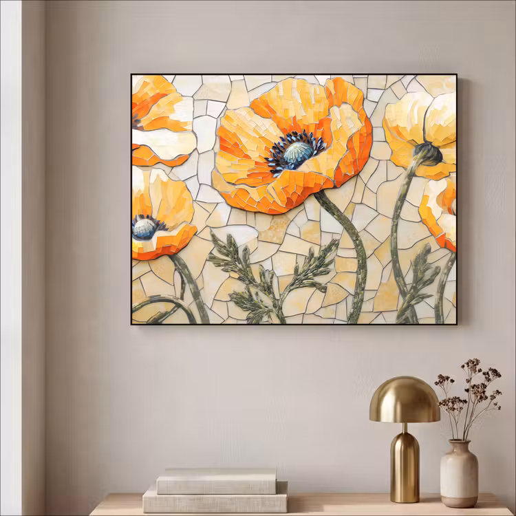 Klaprozen - Oranje - Mozaïek - Bladeren Textielframe zwart klein -sfeer2