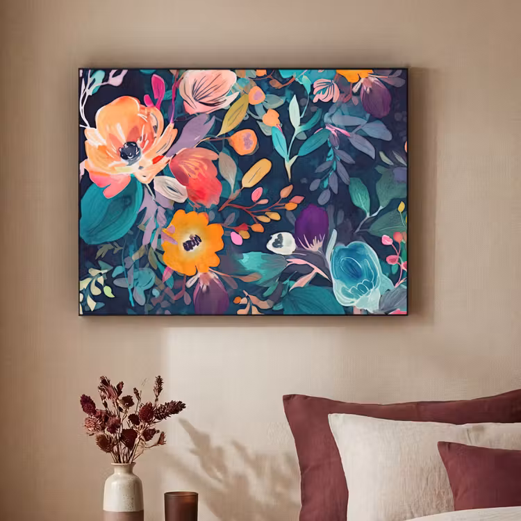 Kleurrijk - Bloemen - Kunst - Natuur - Hippie Textielframe zwart klein -sfeer1