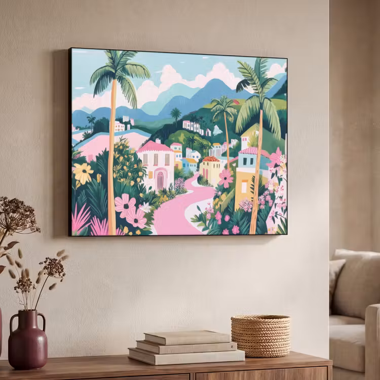 Kleurrijk - Huizen - Heuvels - Roze Textielframe - compleet frame klein -sfeer3