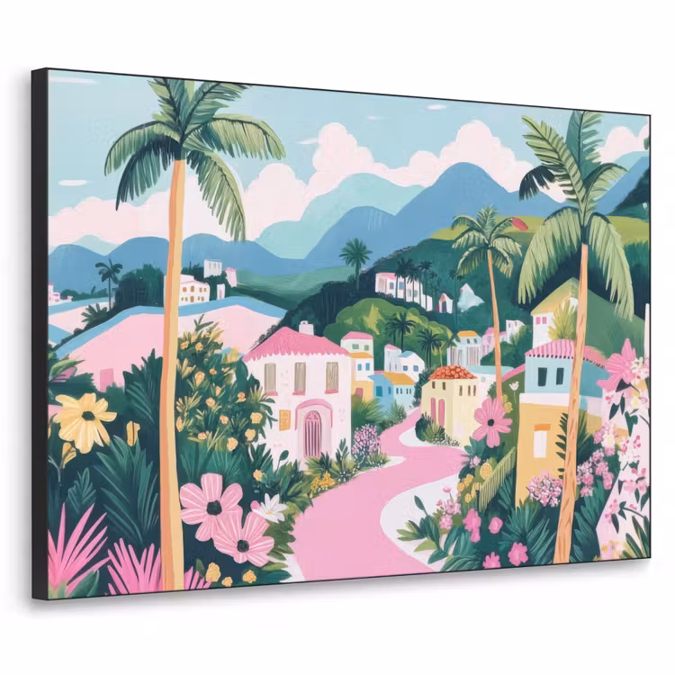 Kleurrijk - Huizen - Heuvels - Roze Textielframe zwart klein -3d