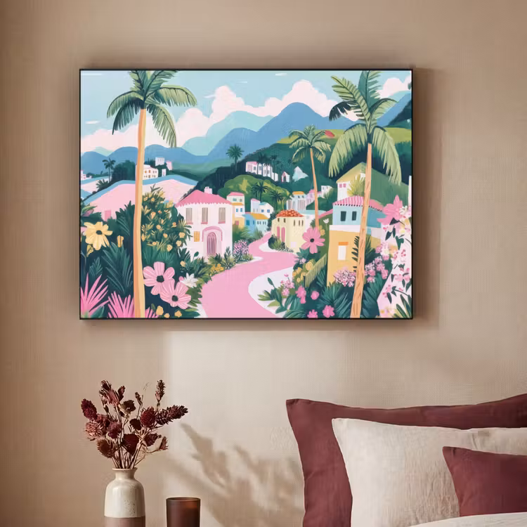 Kleurrijk - Huizen - Heuvels - Roze Textielframe - compleet frame klein -sfeer1