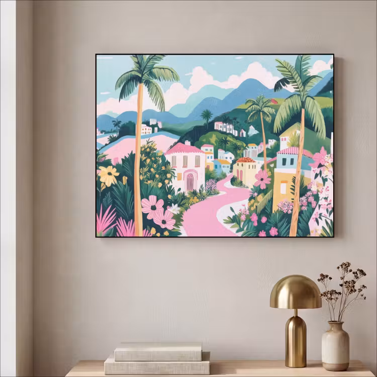 Kleurrijk - Huizen - Heuvels - Roze Textielframe zwart klein -sfeer2