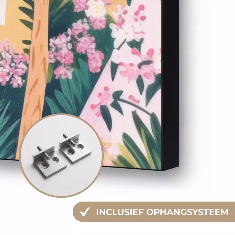 Kleurrijk - Huizen - Heuvels - Roze Textielframe zwart klein -USP_ophangsysteemNL