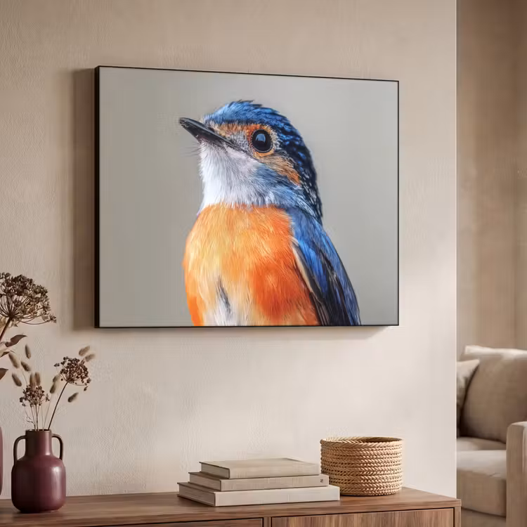 Kleurrijk - Vogeltje - Veren - Blauw Textielframe - compleet frame klein -sfeer3