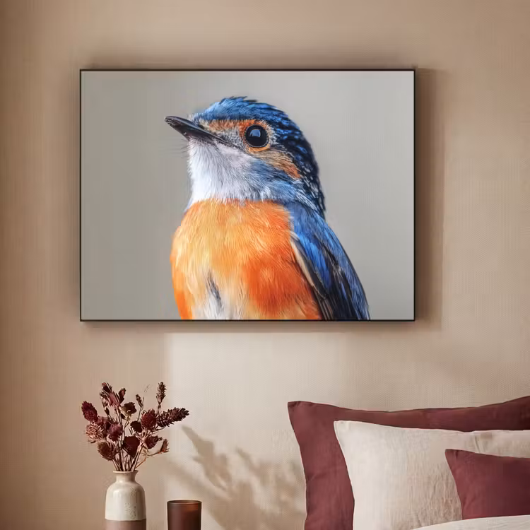 Kleurrijk - Vogeltje - Veren - Blauw Textielframe - compleet frame klein -sfeer1