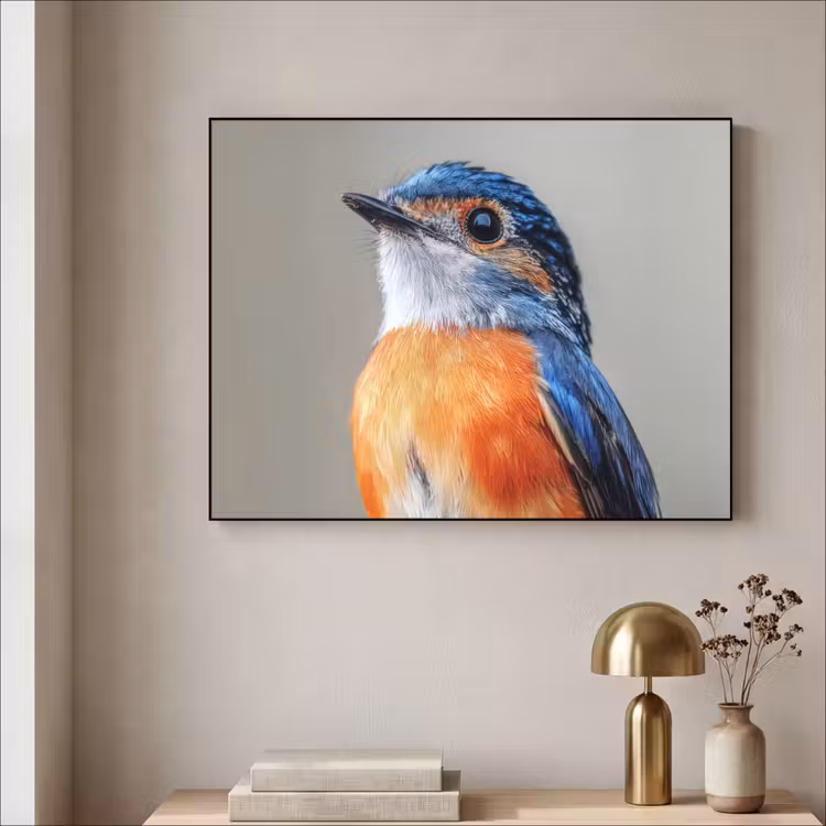 Kleurrijk - Vogeltje - Veren - Blauw Textielframe zwart klein -sfeer2