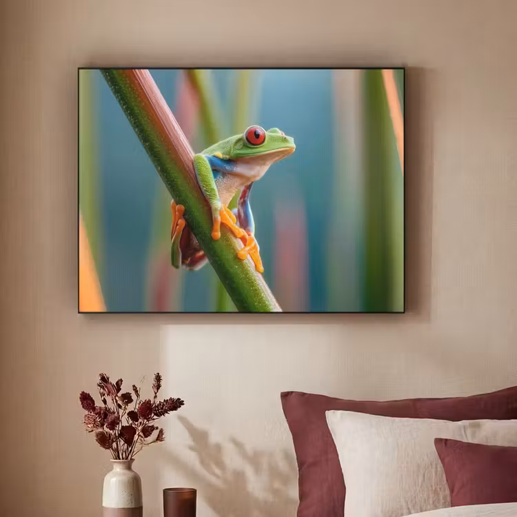 Kleurrijke kikker - Groene stengel - Alert Textielframe - compleet frame klein -sfeer1
