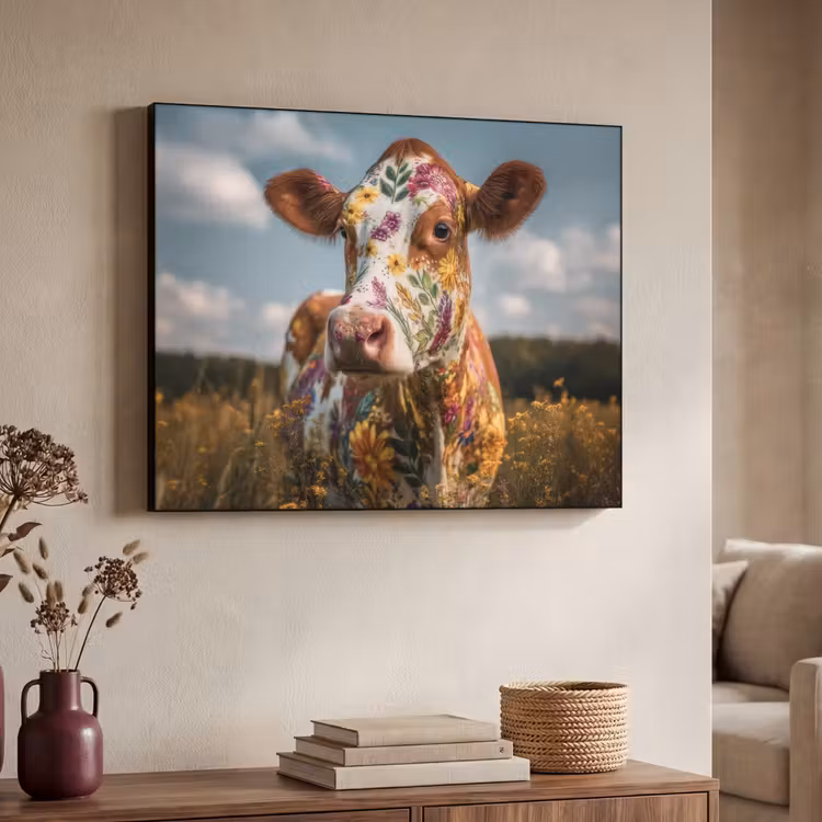 Koe - Bloemen - Weiland Textielframe zwart klein -sfeer3