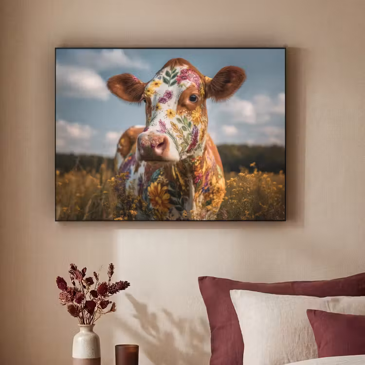 Koe - Bloemen - Weiland Textielframe zwart klein -sfeer1