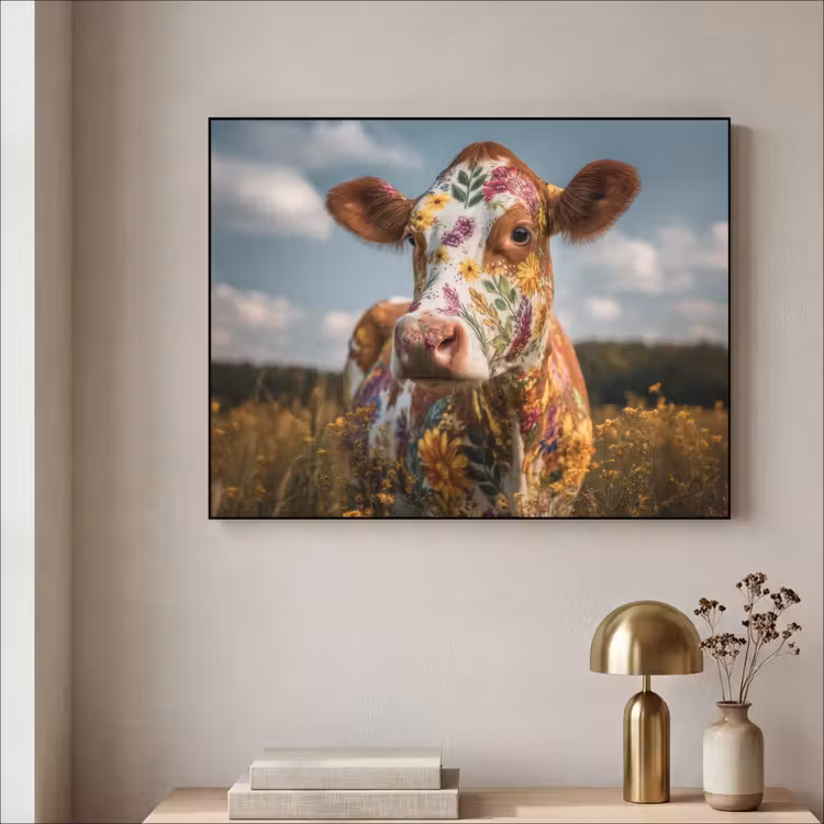Koe - Bloemen - Weiland Textielframe zwart klein -sfeer2
