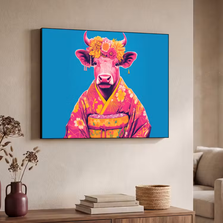 Koe - Bloemenkrans - Oorhangers - Kimono Textielframe zwart klein -sfeer3