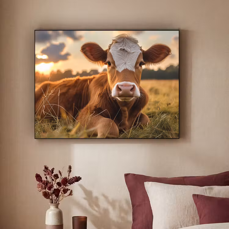 Koe - Dier - Weiland - Gras - Dieren - Natuur Textielframe zwart klein -sfeer1