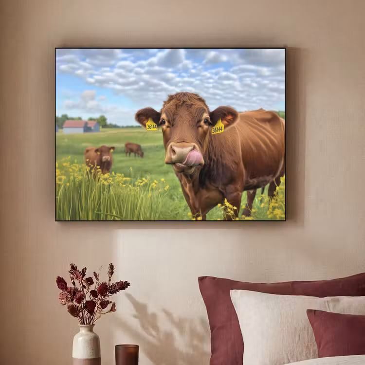 Koe - Weide - Bloemen Textielframe zwart klein -sfeer1