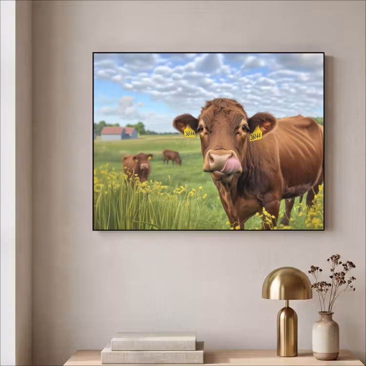 Koe - Weide - Bloemen Textielframe zwart klein -sfeer2