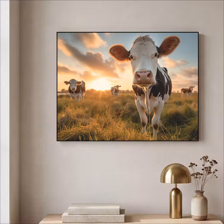 Koe - Weiland - Dieren portret - Natuur - Koeien Textielframe zwart klein -sfeer2