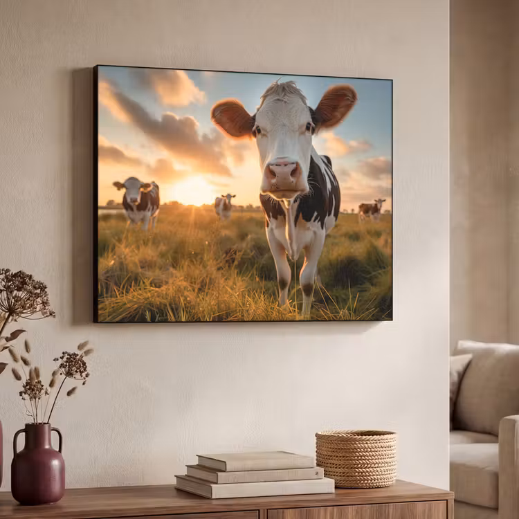 Koe - Weiland - Dieren portret - Natuur - Koeien Textielframe zwart klein -sfeer3