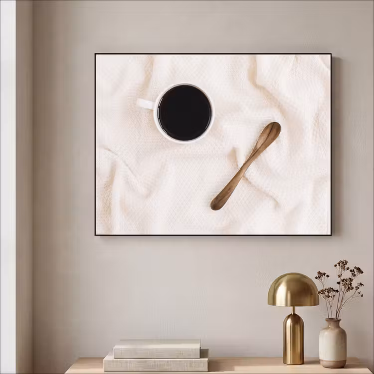 Koffie - Lepel - Mok Textielframe zwart klein -sfeer2
