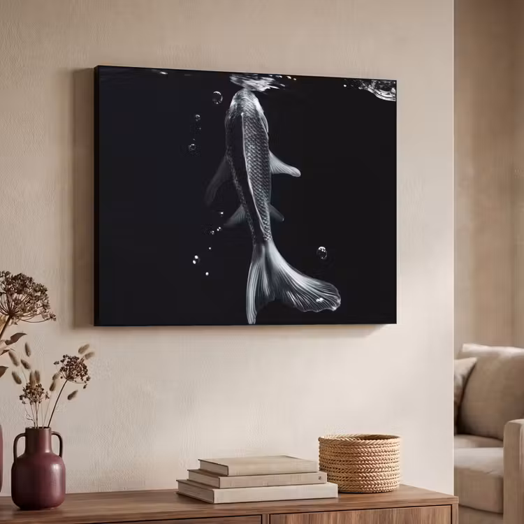 Koi - Vissen - Water - Zwart Textielframe zwart klein -sfeer3