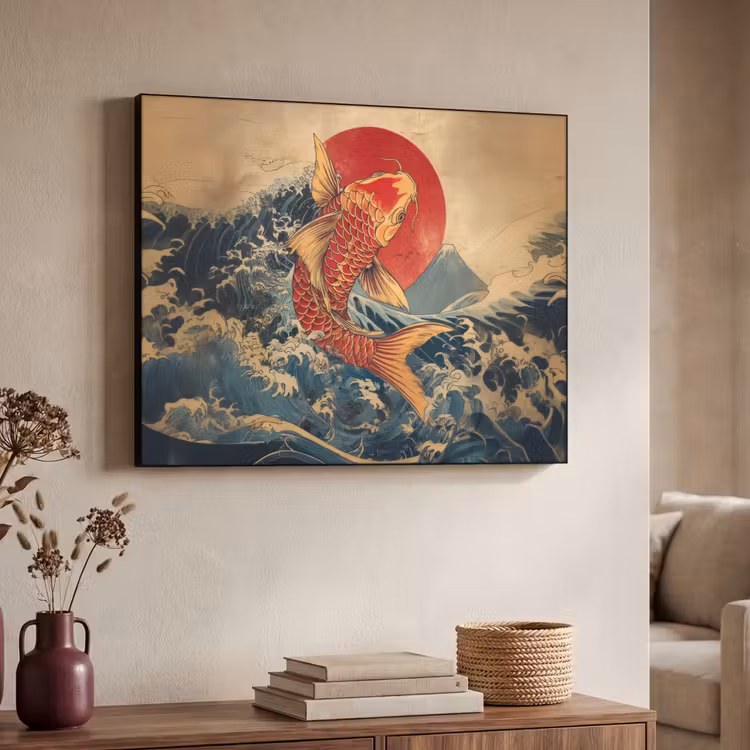 Koi - Zee - Golven - Zon Textielframe zwart klein -sfeer3