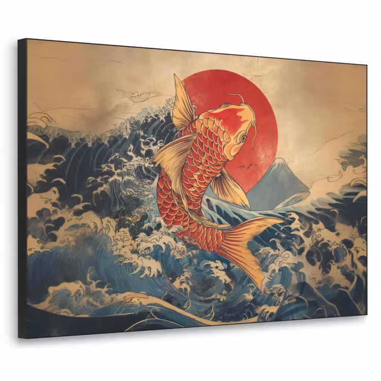 Koi - Zee - Golven - Zon Textielframe zwart klein -3d