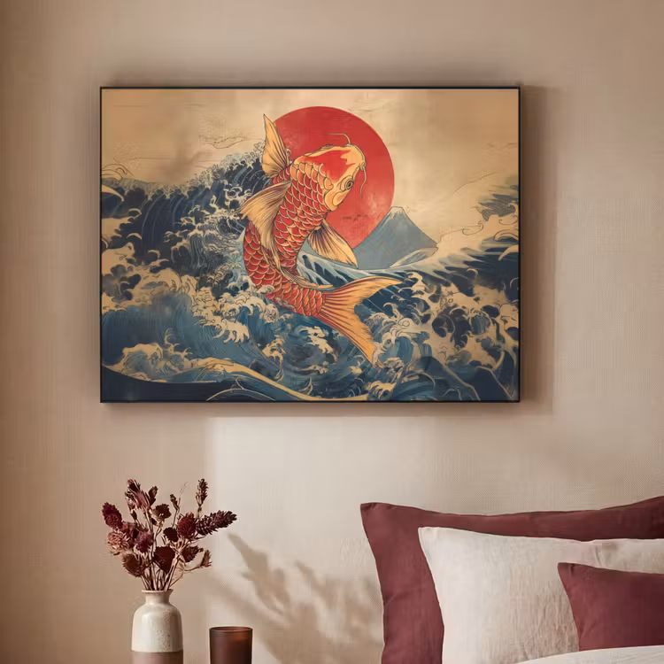 Koi - Zee - Golven - Zon Textielframe - compleet frame klein -sfeer1