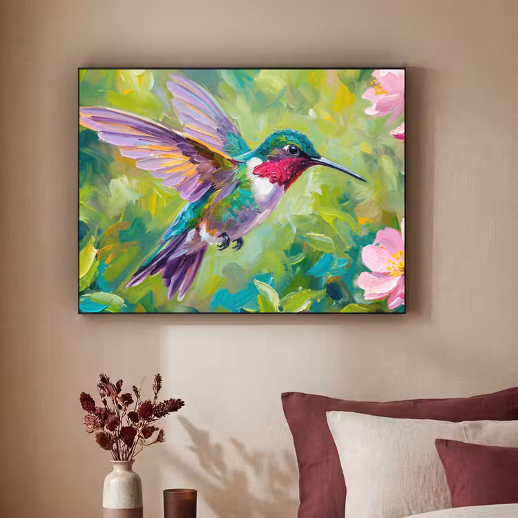 Kolibrie - Bloemen - Natuur - Kleurrijk Textielframe zwart klein -sfeer1