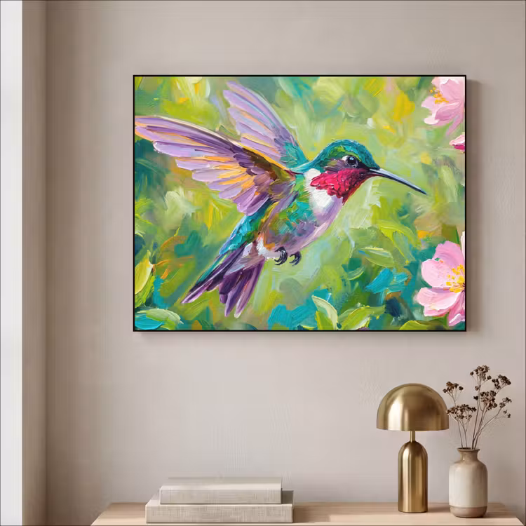 Kolibrie - Bloemen - Natuur - Kleurrijk Textielframe zwart klein -sfeer2