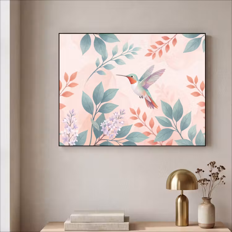 Kolibrie - Vliegen - Natuur - Illustratie - Kleurrijk Textielframe zwart klein -sfeer2
