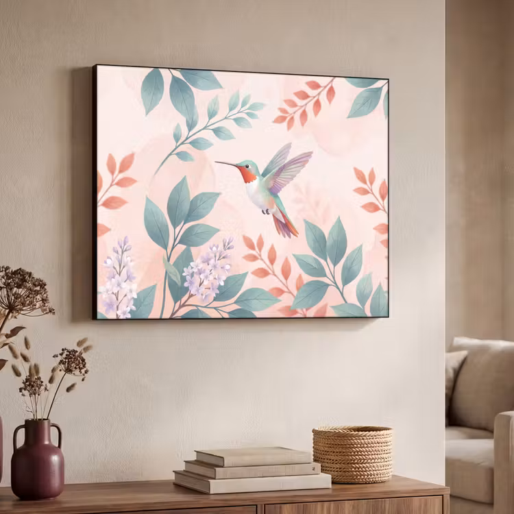 Kolibrie - Vliegen - Natuur - Illustratie - Kleurrijk Textielframe zwart klein -sfeer3