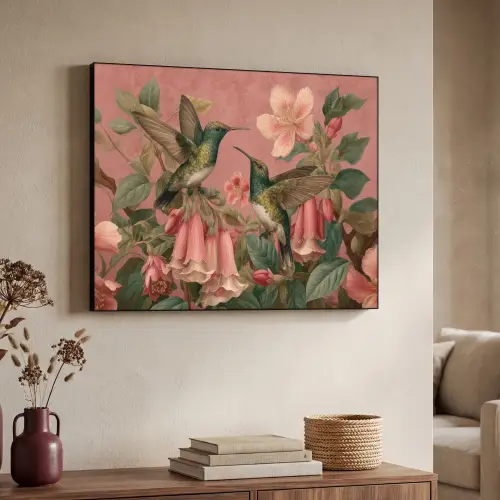 Kolibries - Bloemen - Groen - Roze Textielframe zwart klein -sfeer3