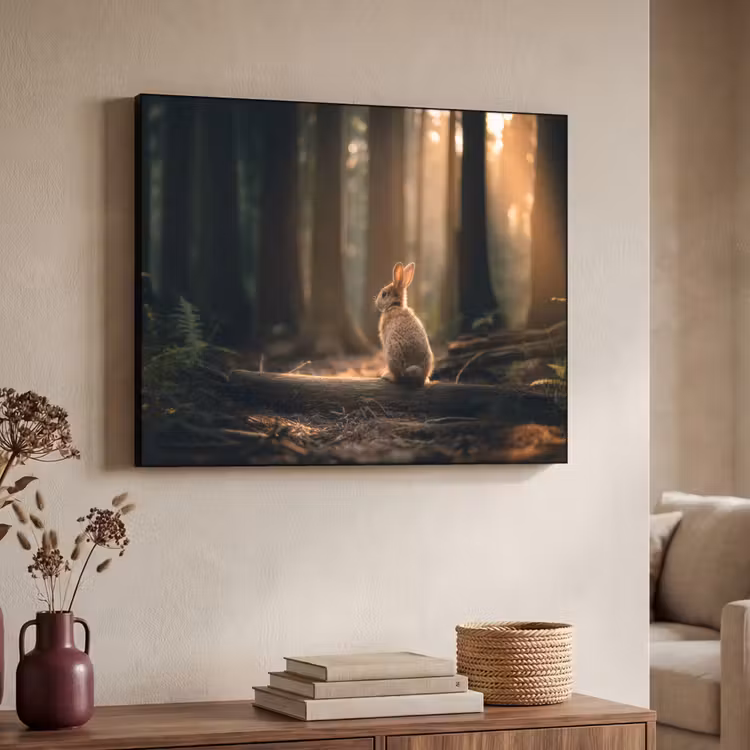 Konijn - Bos - Zonnestralen Textielframe zwart klein -sfeer3