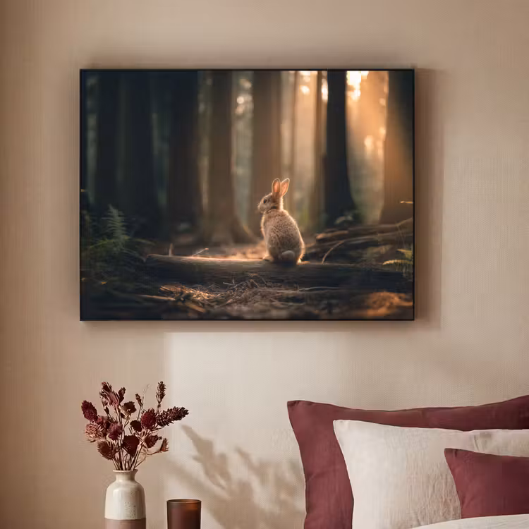 Konijn - Bos - Zonnestralen Textielframe zwart klein -sfeer1