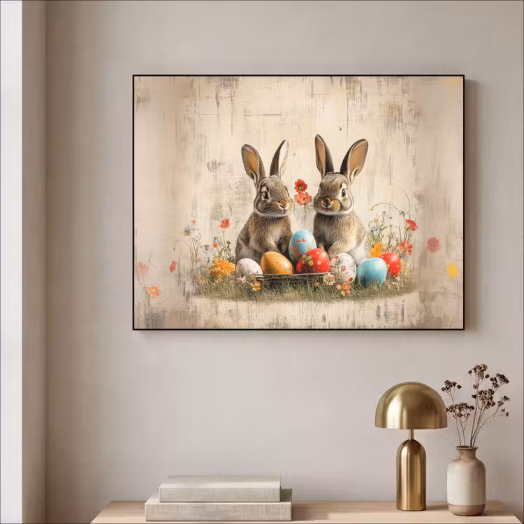 Konijnen - Bloemen - Eieren Textielframe zwart klein -sfeer2