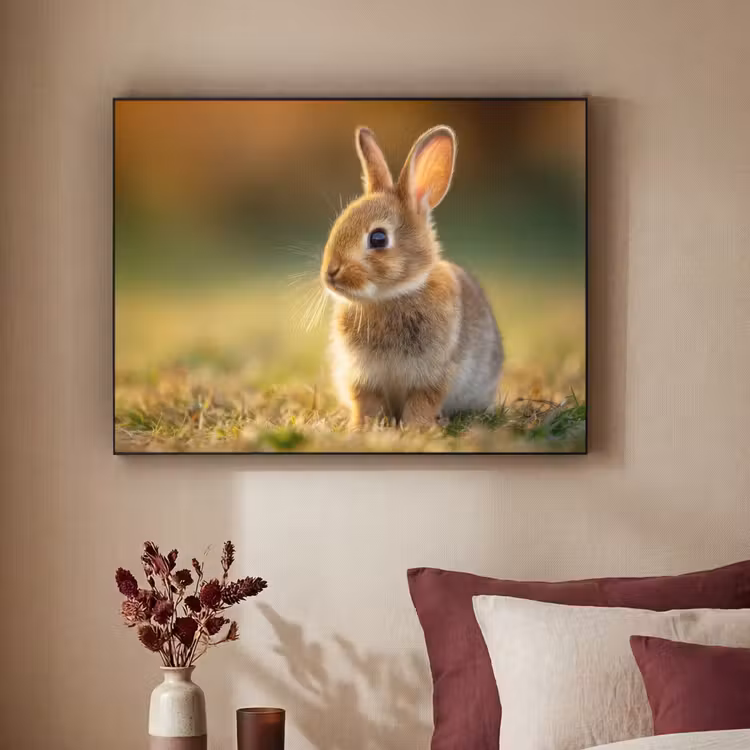 Konijntje - Bruin - Gras Textielframe zwart klein -sfeer1