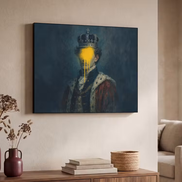 Koning - Portret - Druipende gele verf Textielframe - compleet frame klein -sfeer3