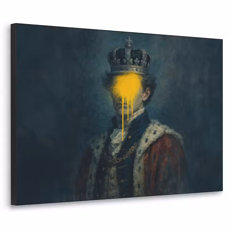 Koning - Portret - Druipende gele verf Textielframe zwart klein -3d