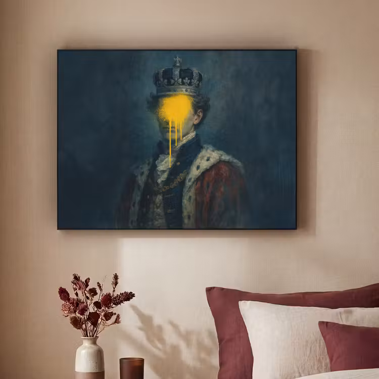Koning - Portret - Druipende gele verf Textielframe zwart klein -sfeer1