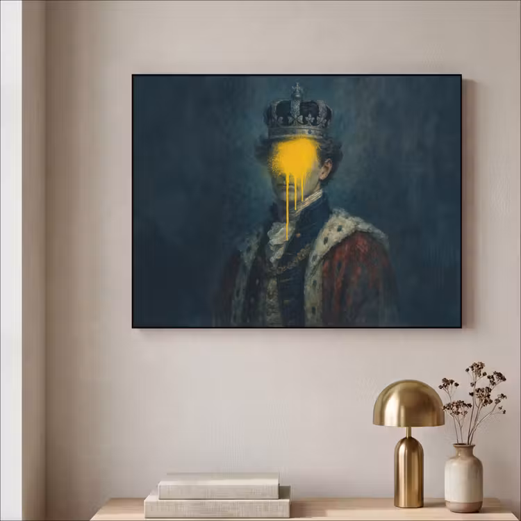 Koning - Portret - Druipende gele verf Textielframe - compleet frame klein -sfeer2