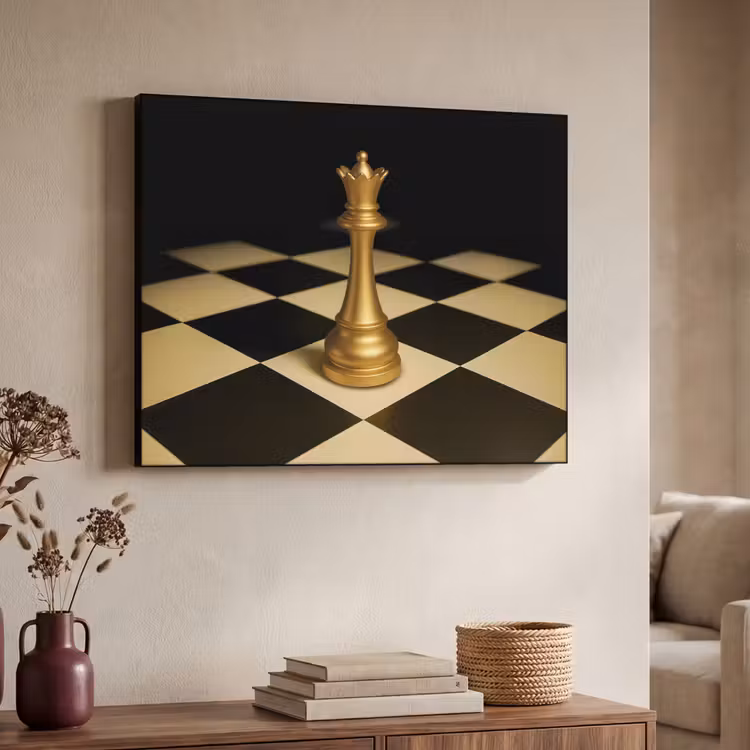 Koningin - Schaakstuk - Geblokt - Goud Textielframe - compleet frame klein -sfeer3