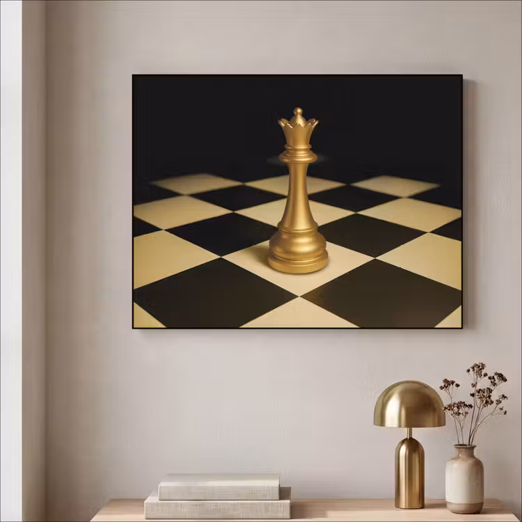 Koningin - Schaakstuk - Geblokt - Goud Textielframe zwart klein -sfeer2