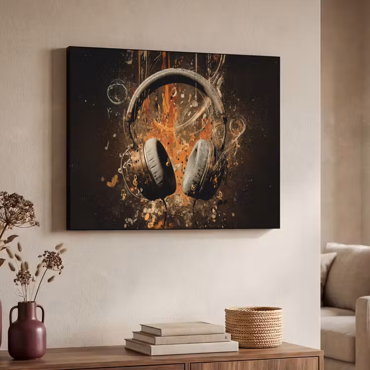 Koptelefoon - Bruin - Dynamische penseelstreken Textielframe - compleet frame klein -sfeer3
