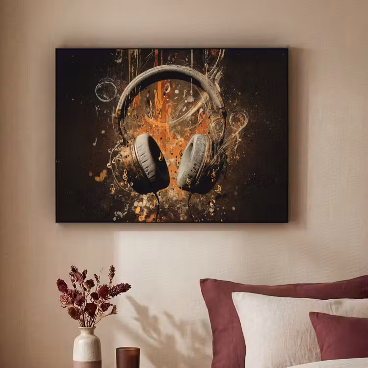 Koptelefoon - Bruin - Dynamische penseelstreken Textielframe - compleet frame klein -sfeer1