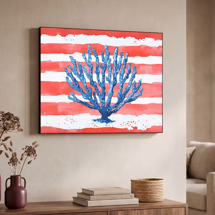 Koraal - Verfstructuur - Rood - Blauw Textielframe zwart klein -sfeer3