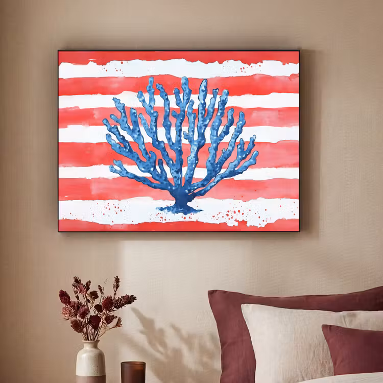 Koraal - Verfstructuur - Rood - Blauw Textielframe zwart klein -sfeer1